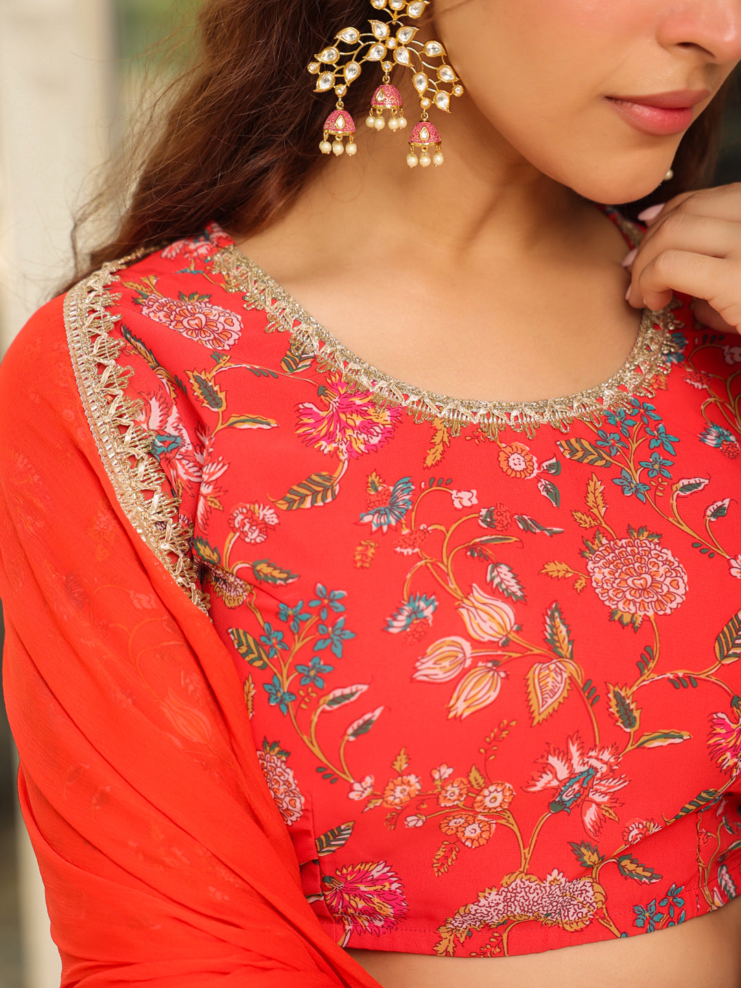 Red Georgette Floral Printed Tiered Lehenga Choli Set