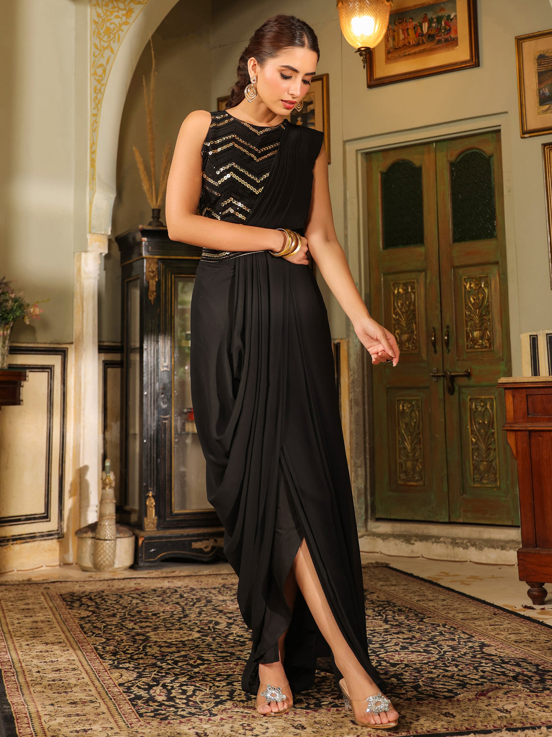 Black Georgette Sequined Ready To Wear Belted Saree With Blouse