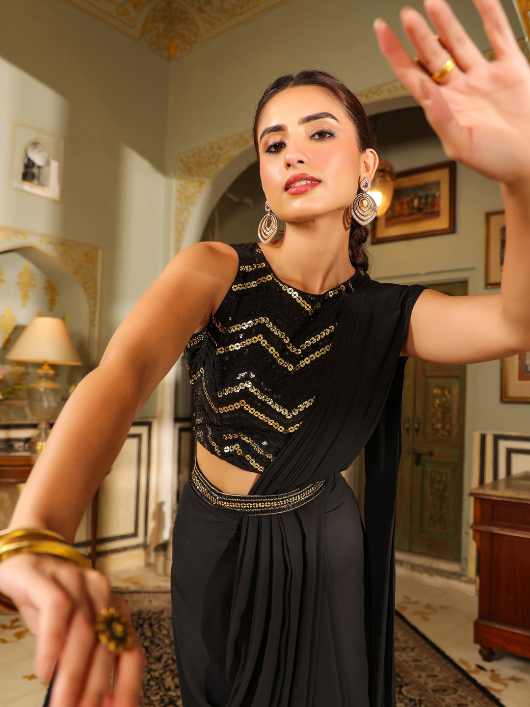 Black Georgette Sequined Ready To Wear Belted Saree With Blouse
