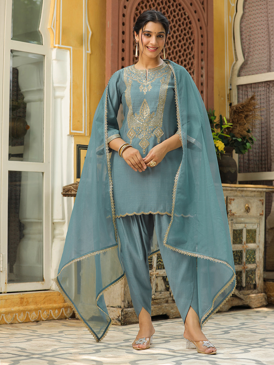 Sage Green Silk Blend Embroidered Straight Kurta Set