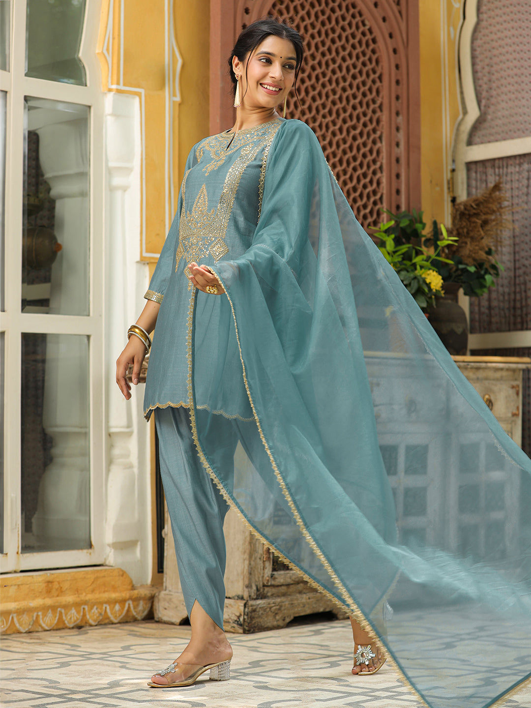 Sage Green Silk Blend Embroidered Straight Kurta Set