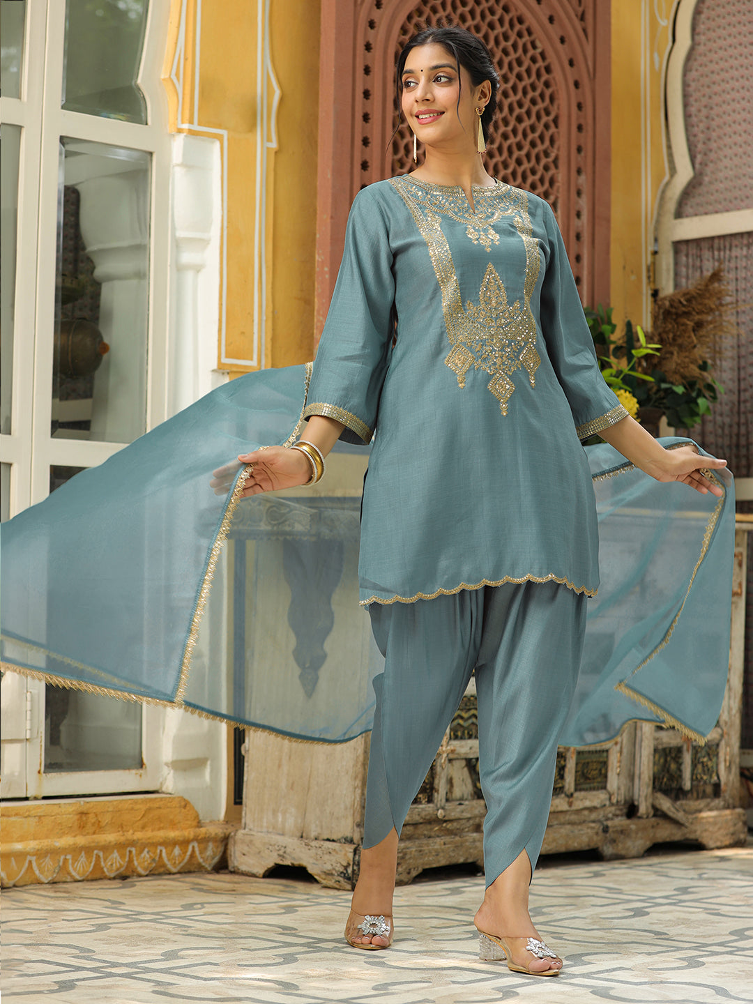 Sage Green Silk Blend Embroidered Straight Kurta Set