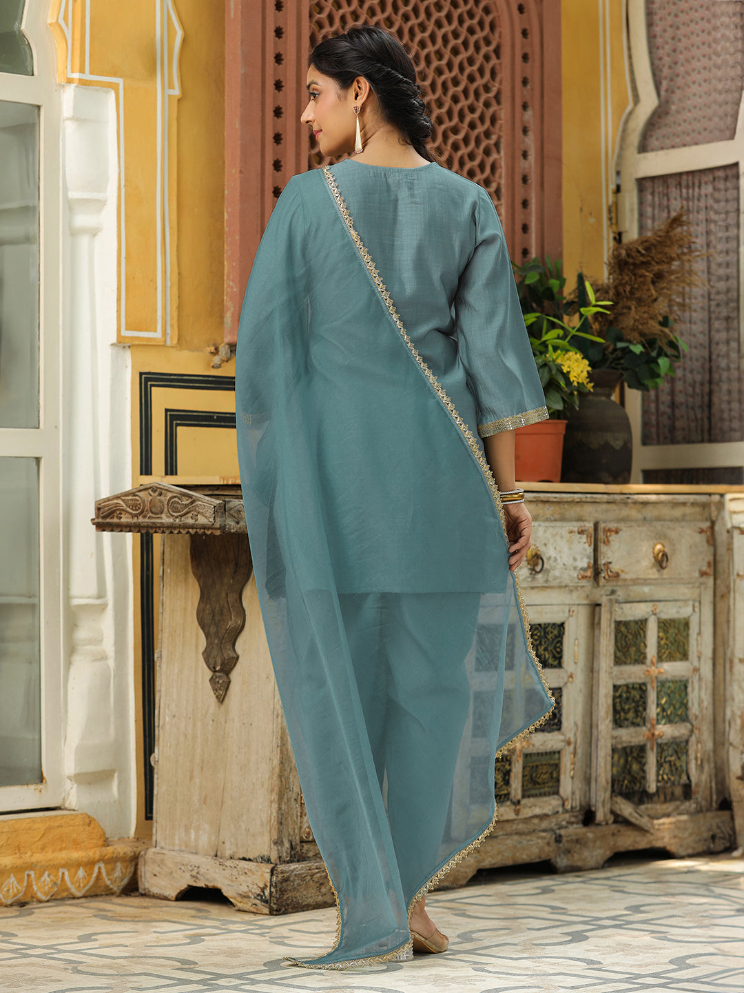 Sage Green Silk Blend Embroidered Straight Kurta Set