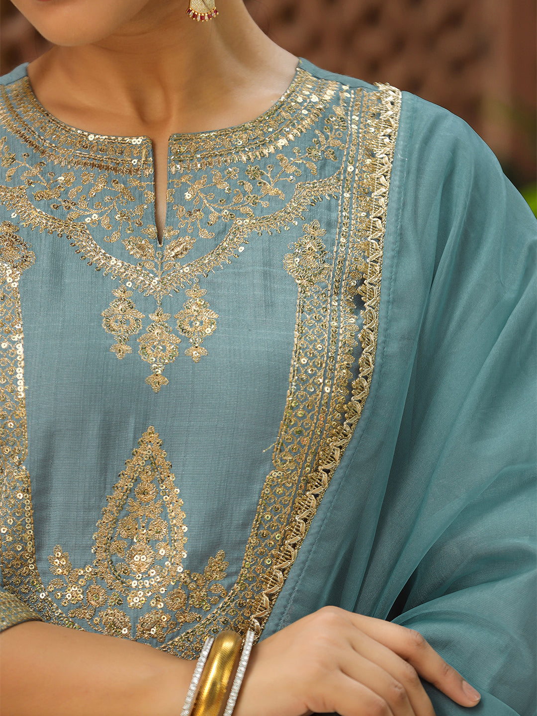 Sage Green Silk Blend Embroidered Straight Kurta Set