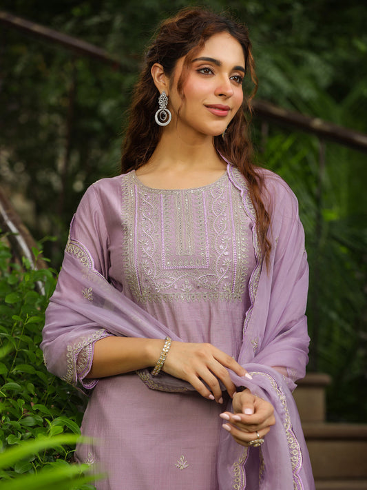 Lavender Silk Blend Embroidered Straight Kurta Set