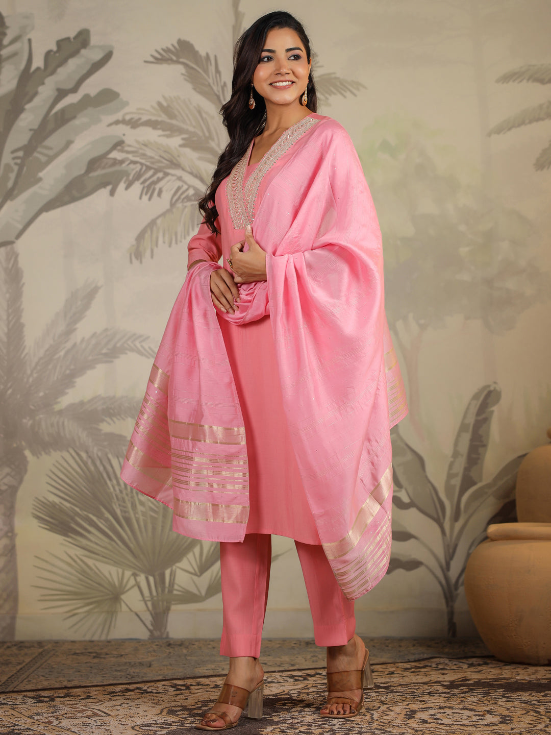 Pink Silk Blend Embroidered Straight Kurta Set