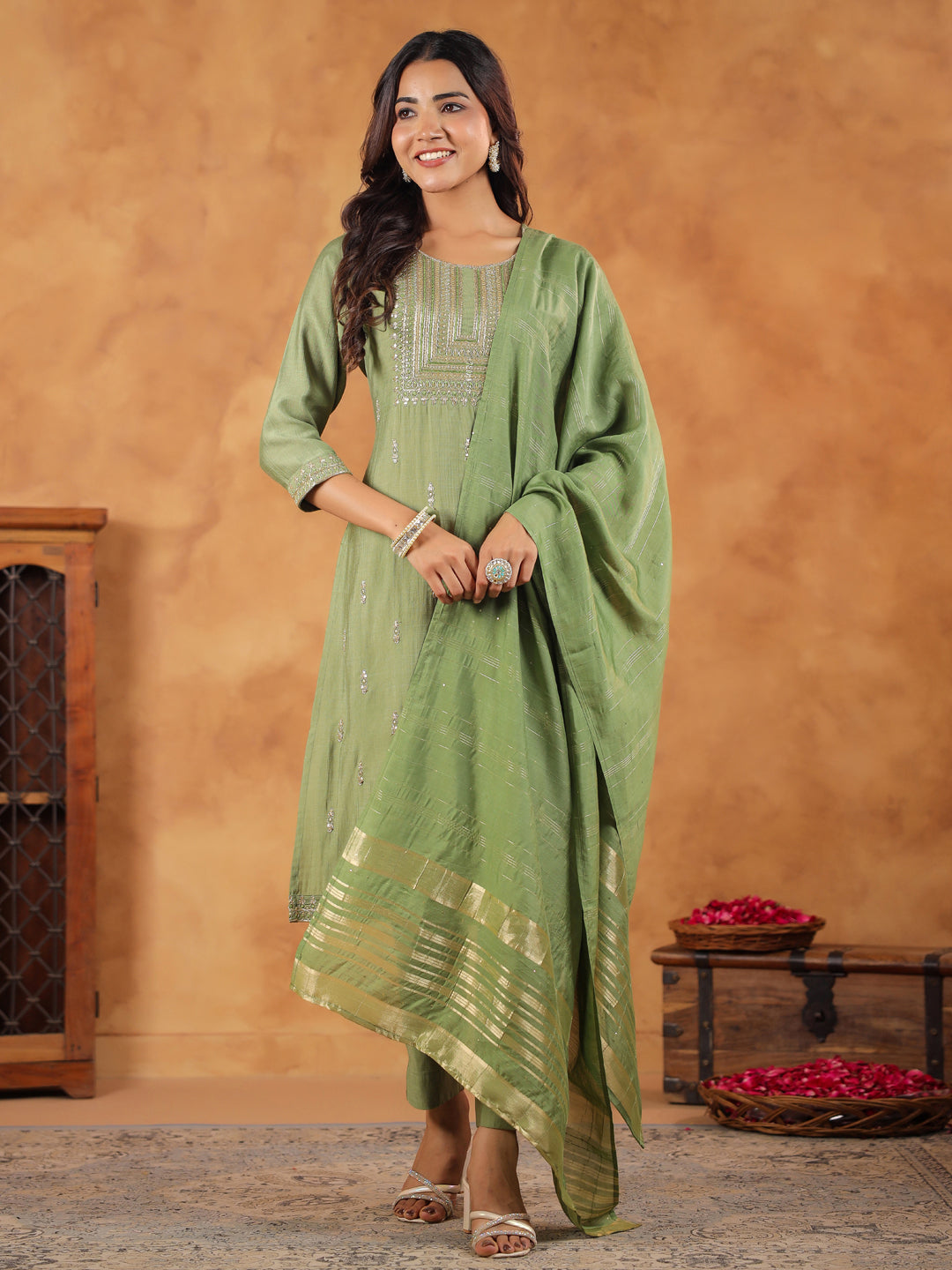 Sage Green Silk Blend Embroidered Straight Kurta Set
