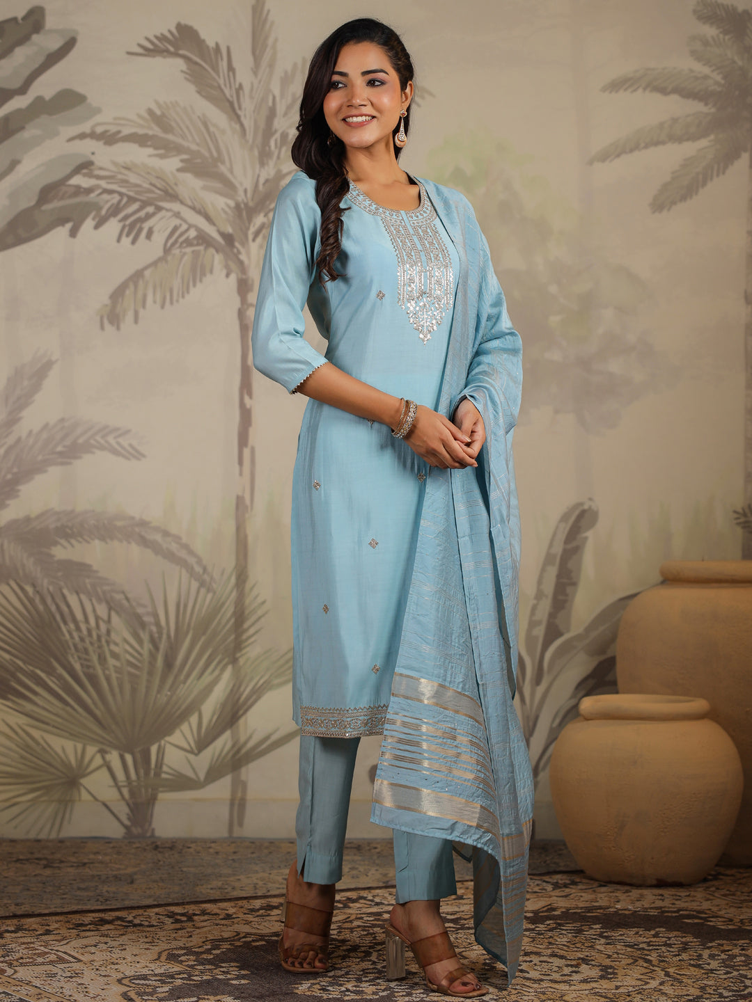 Light Blue Chanderi Silk Embroidered Straight Kurta Set
