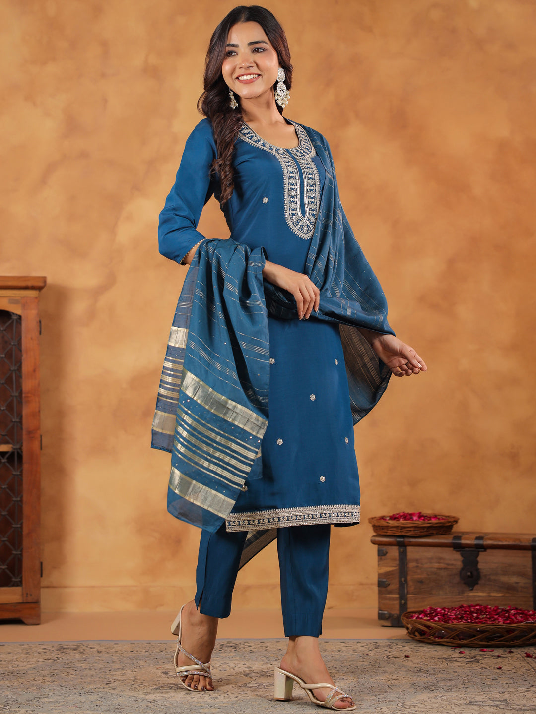 Teal Blue Chanderi Silk Embroidered Straight Kurta Set