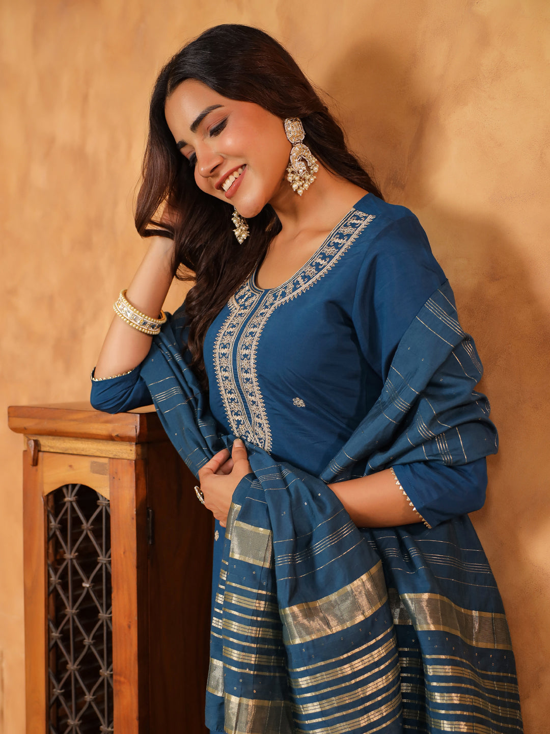 Teal Blue Chanderi Silk Embroidered Straight Kurta Set