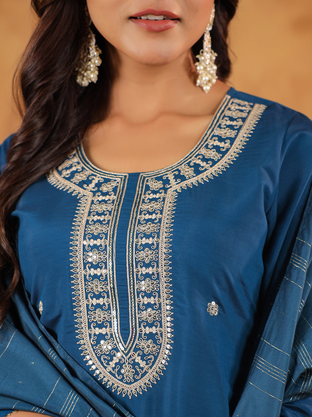 Teal Blue Chanderi Silk Embroidered Straight Kurta Set