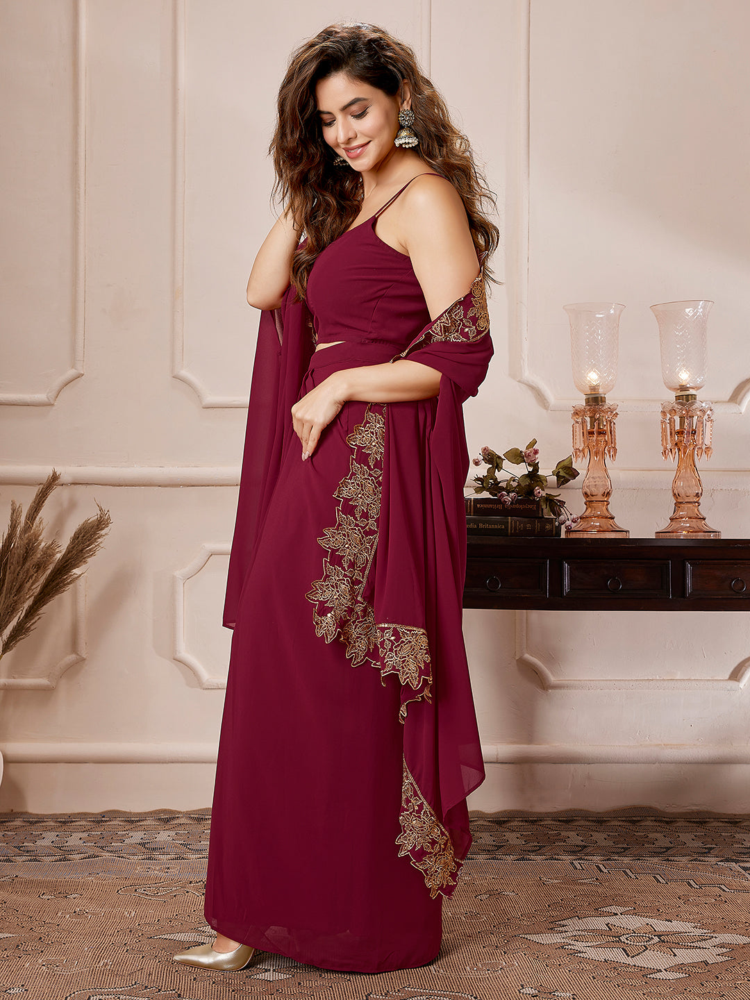 Maroon Georgette Zari Embroidered Crop Top With Skirt & Cape Set