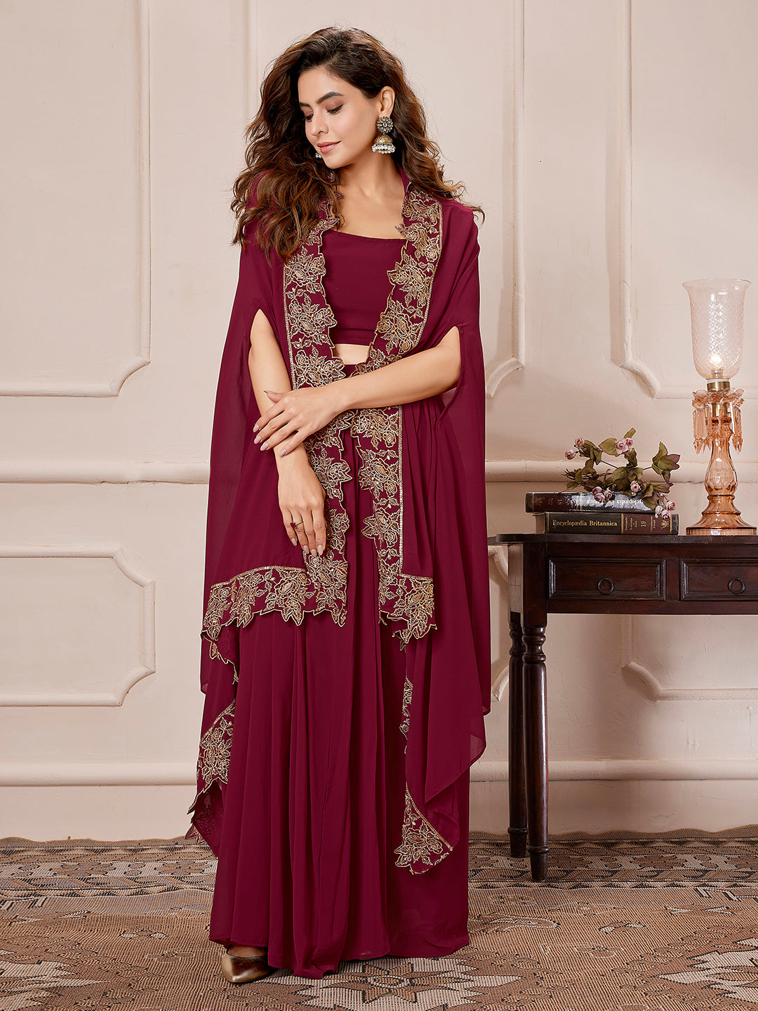 Maroon Georgette Zari Embroidered Crop Top With Skirt & Cape Set