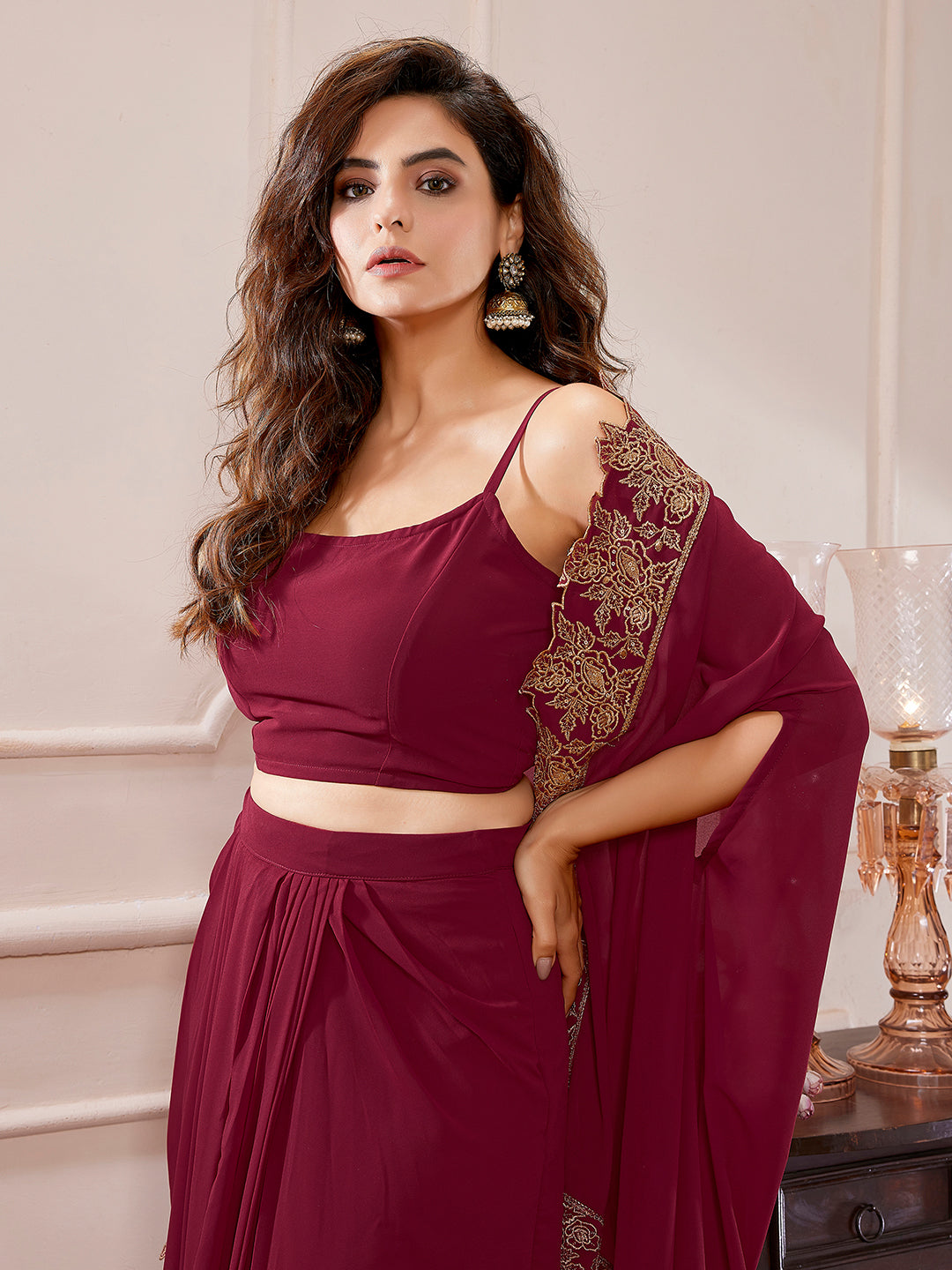 Maroon Georgette Zari Embroidered Crop Top With Skirt & Cape Set