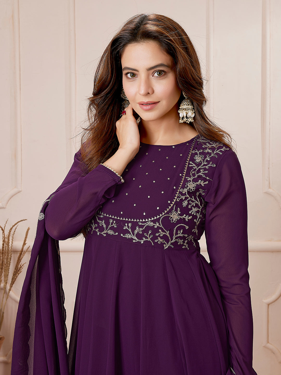 Purple Georgette Embroidered Anarkali Palazzo Set