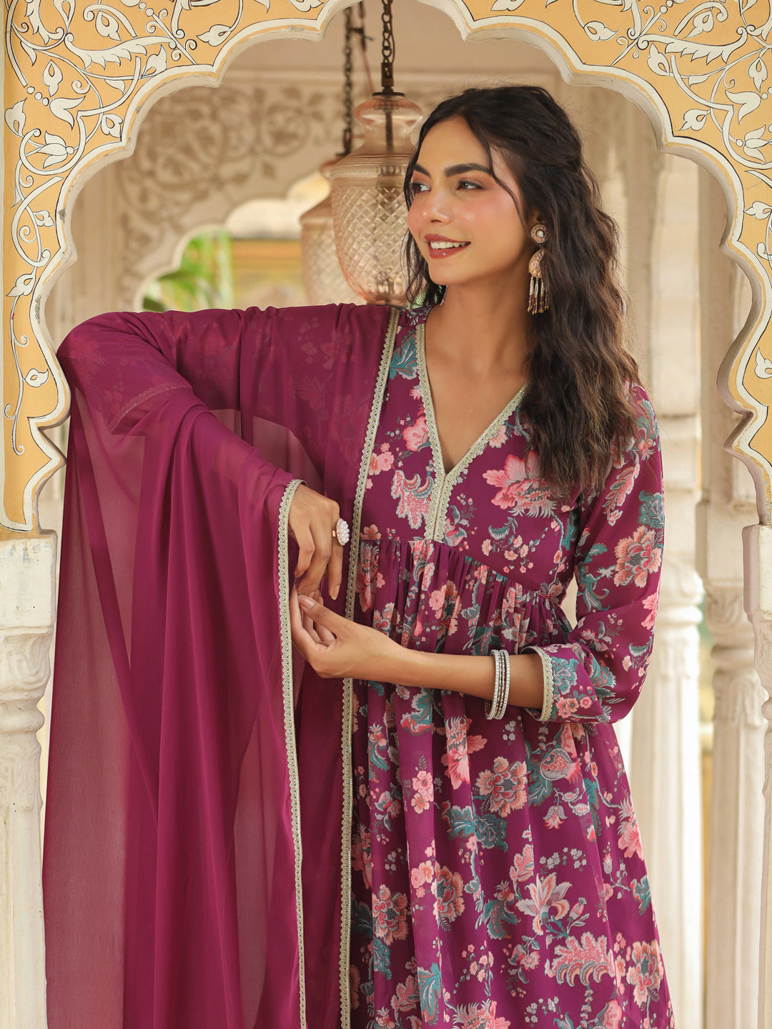 Purple Georgette Floral Printed A-Line Sharara Set