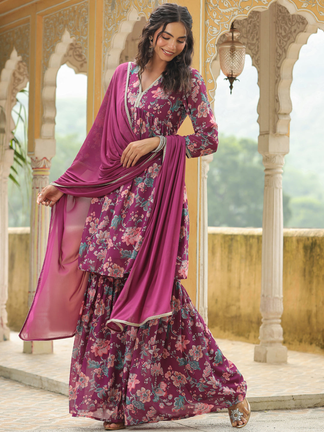 Purple Georgette Floral Printed A-Line Sharara Set