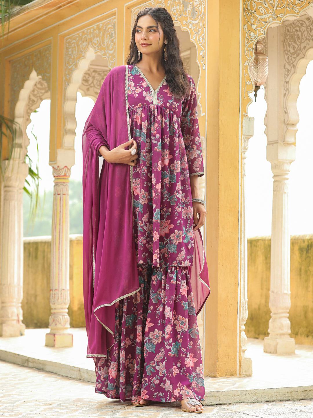 Purple Georgette Floral Printed A-Line Sharara Set