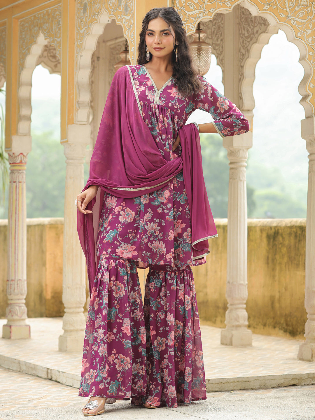 Purple Georgette Floral Printed A-Line Sharara Set