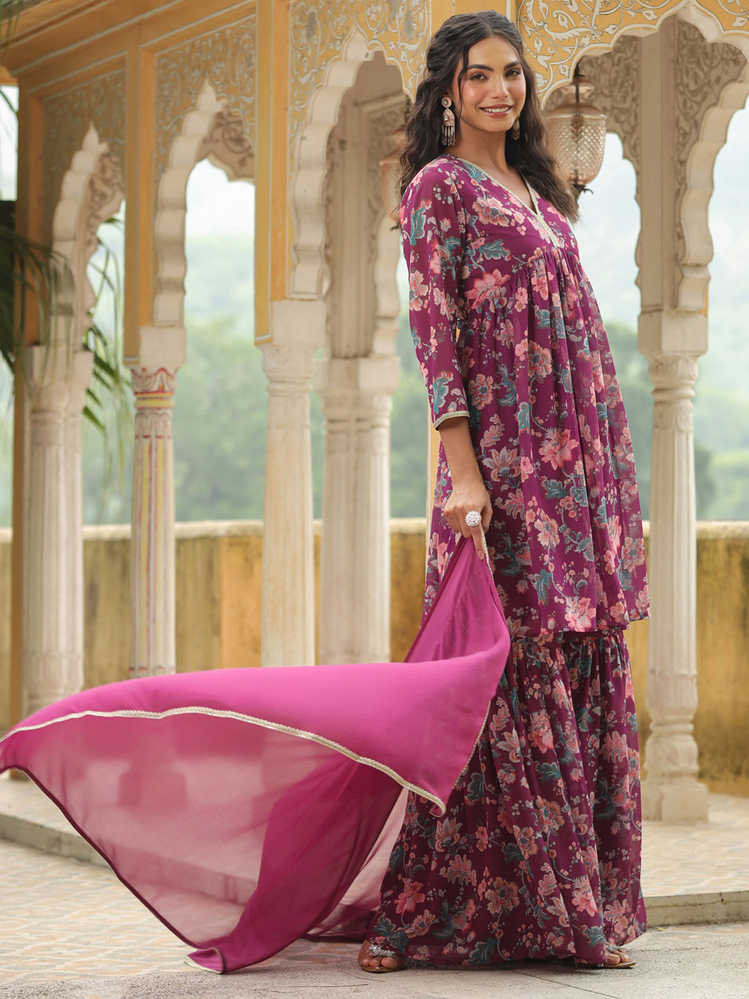 Purple Georgette Floral Printed A-Line Sharara Set