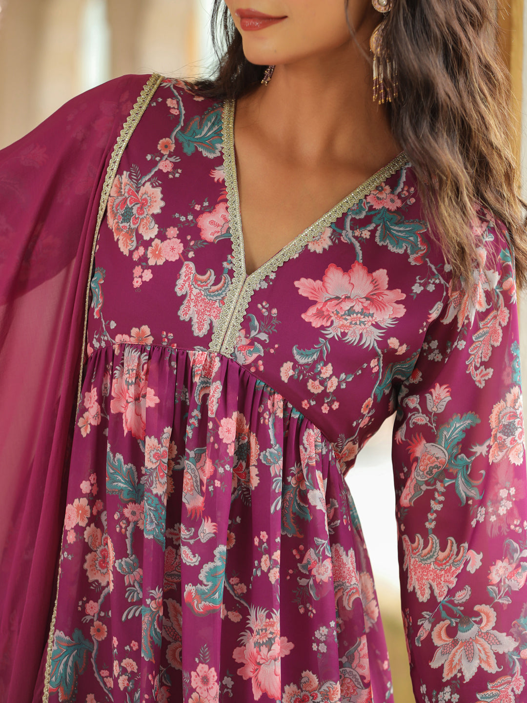Purple Georgette Floral Printed A-Line Sharara Set