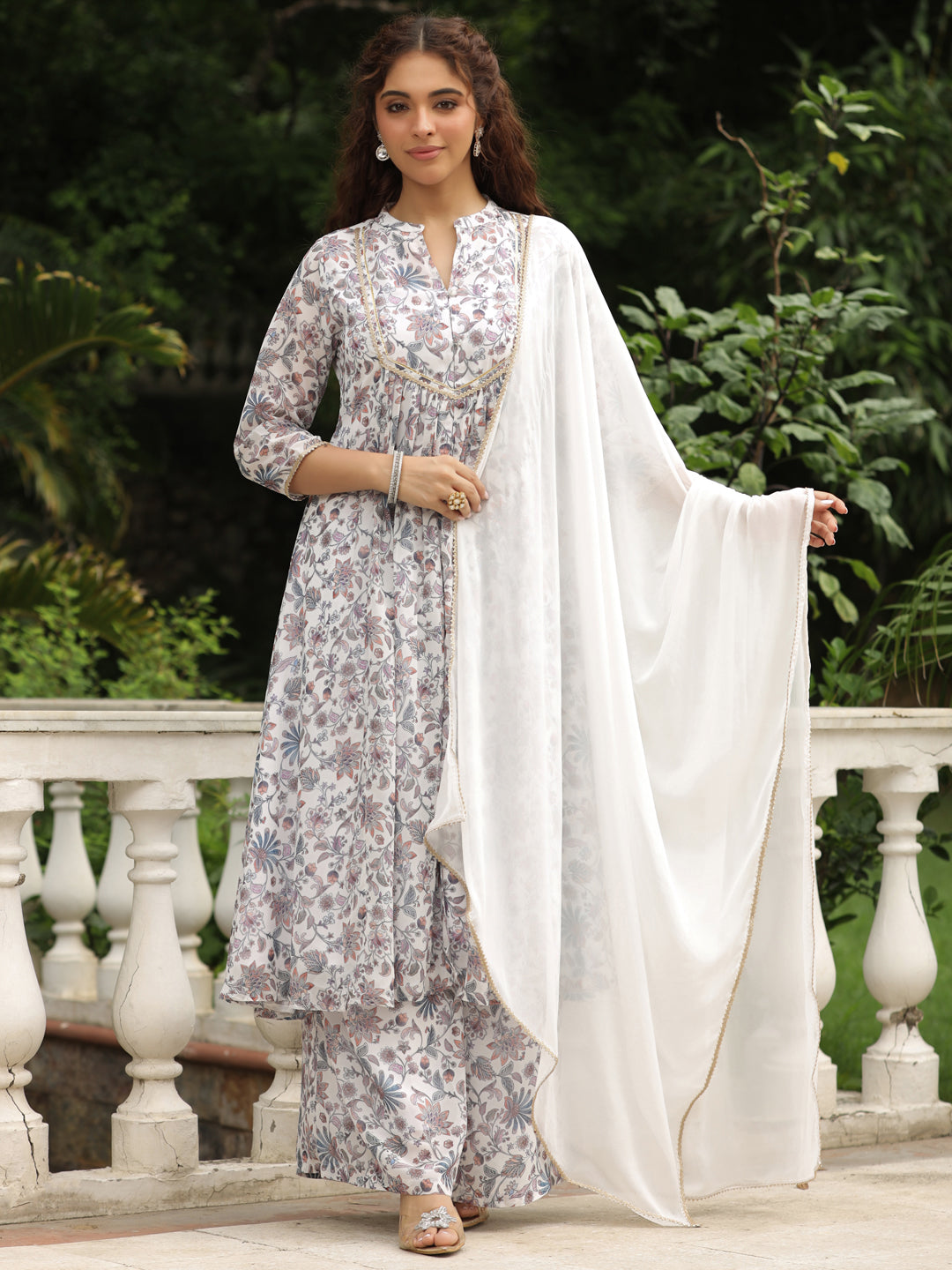 White Georgette Floral Printed A-Line Kurta Set