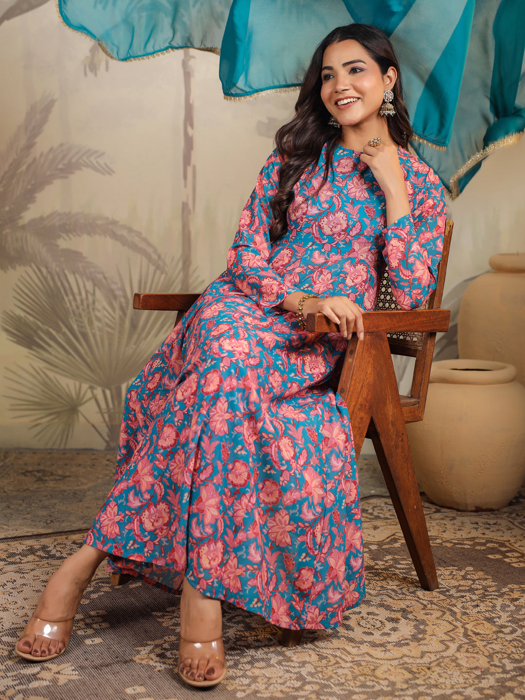 Teal Blue Georgette Floral Printed Anarkali Kurta Set