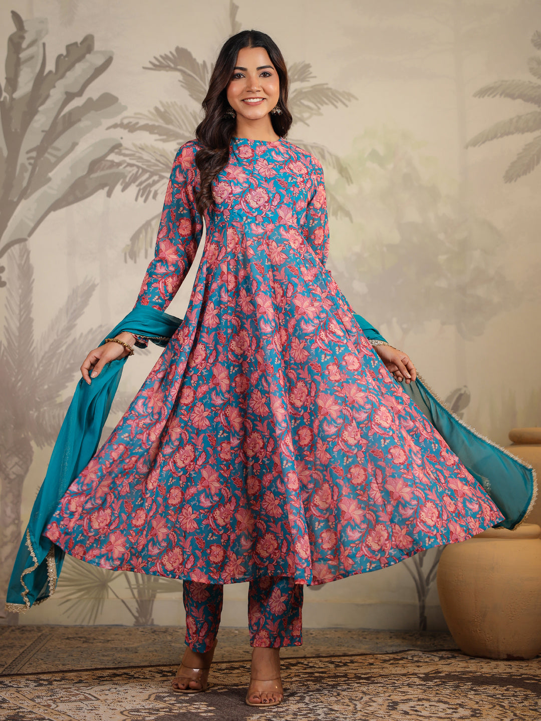 Teal Blue Georgette Floral Printed Anarkali Kurta Set