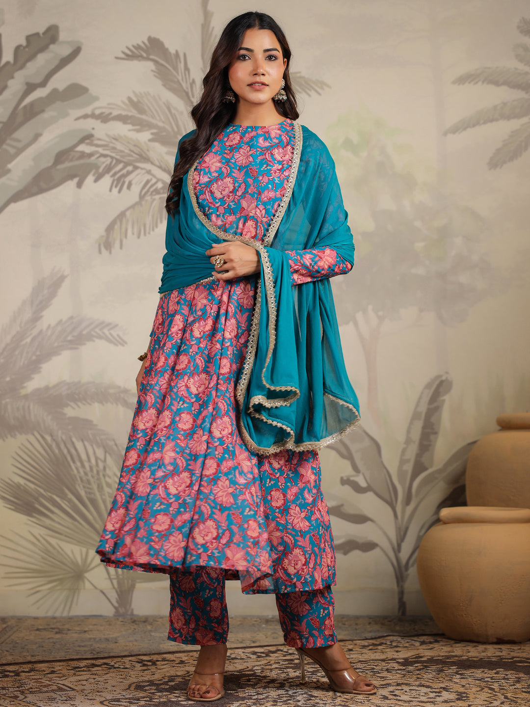 Teal Blue Georgette Floral Printed Anarkali Kurta Set