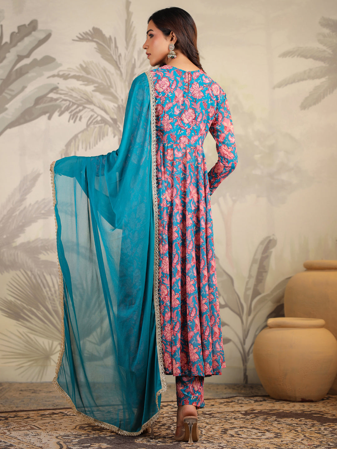 Teal Blue Georgette Floral Printed Anarkali Kurta Set