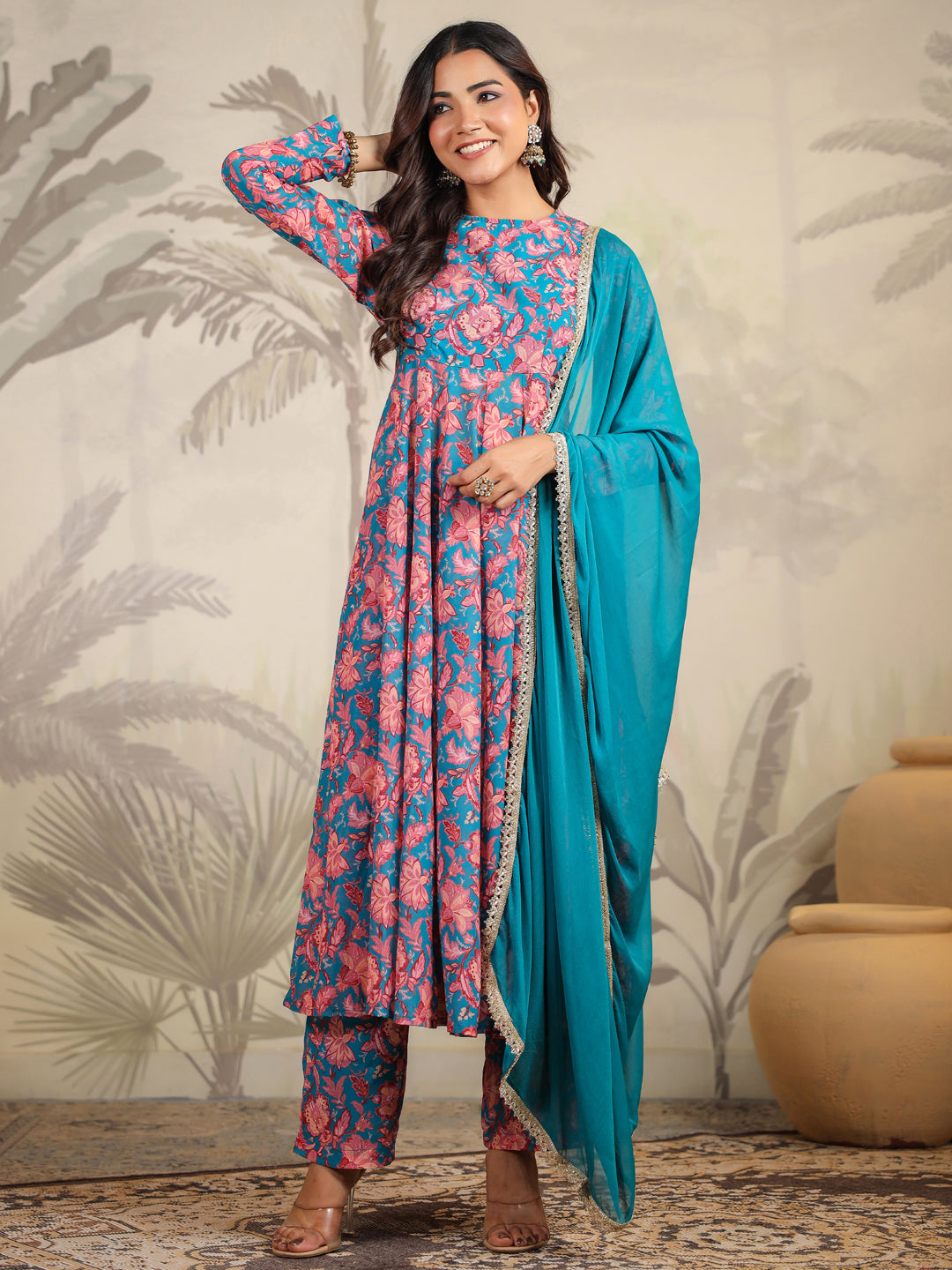 Teal Blue Georgette Floral Printed Anarkali Kurta Set