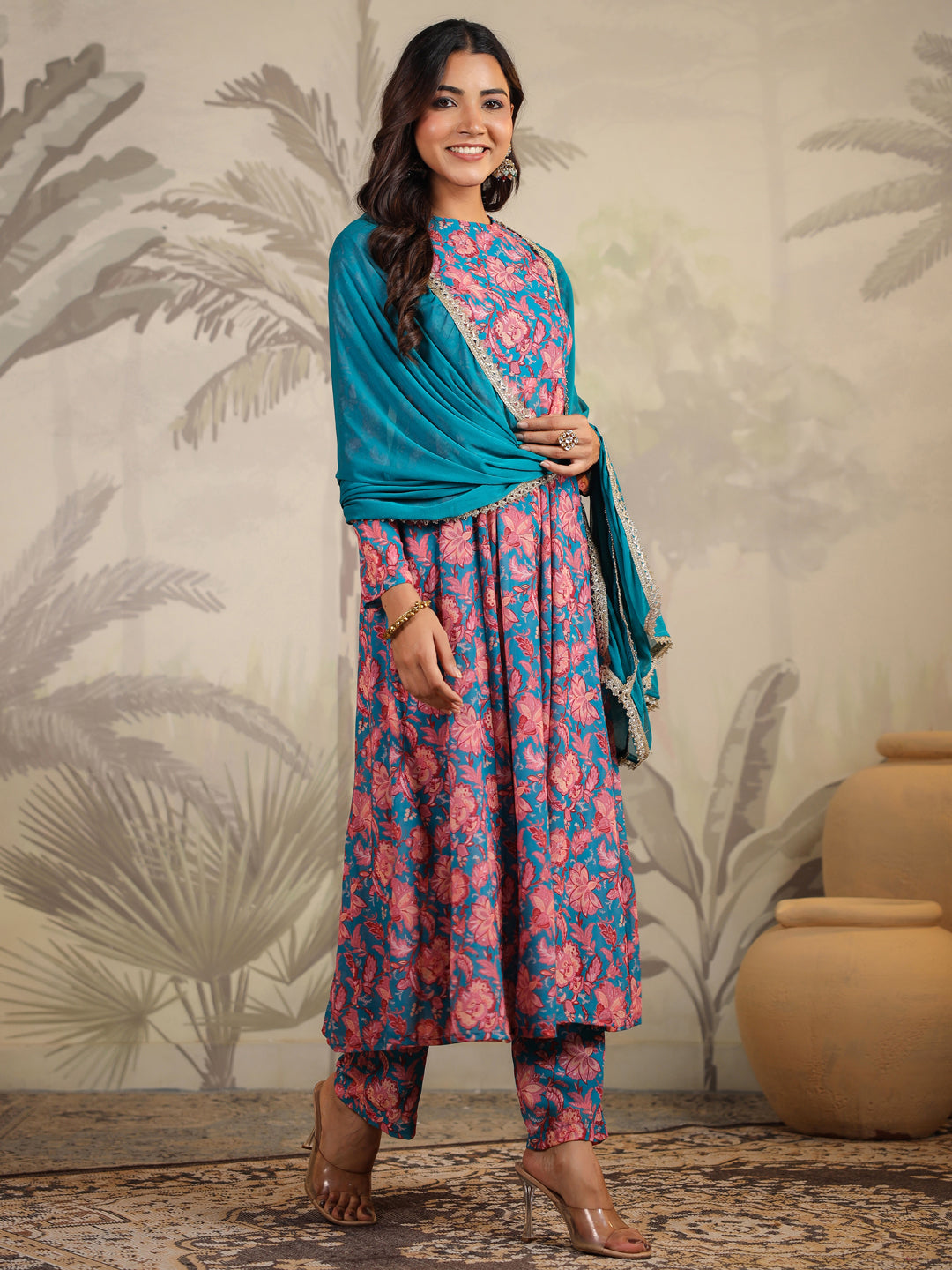 Teal Blue Georgette Floral Printed Anarkali Kurta Set