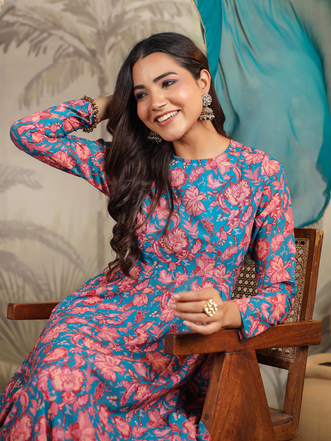 Teal Blue Georgette Floral Printed Anarkali Kurta Set