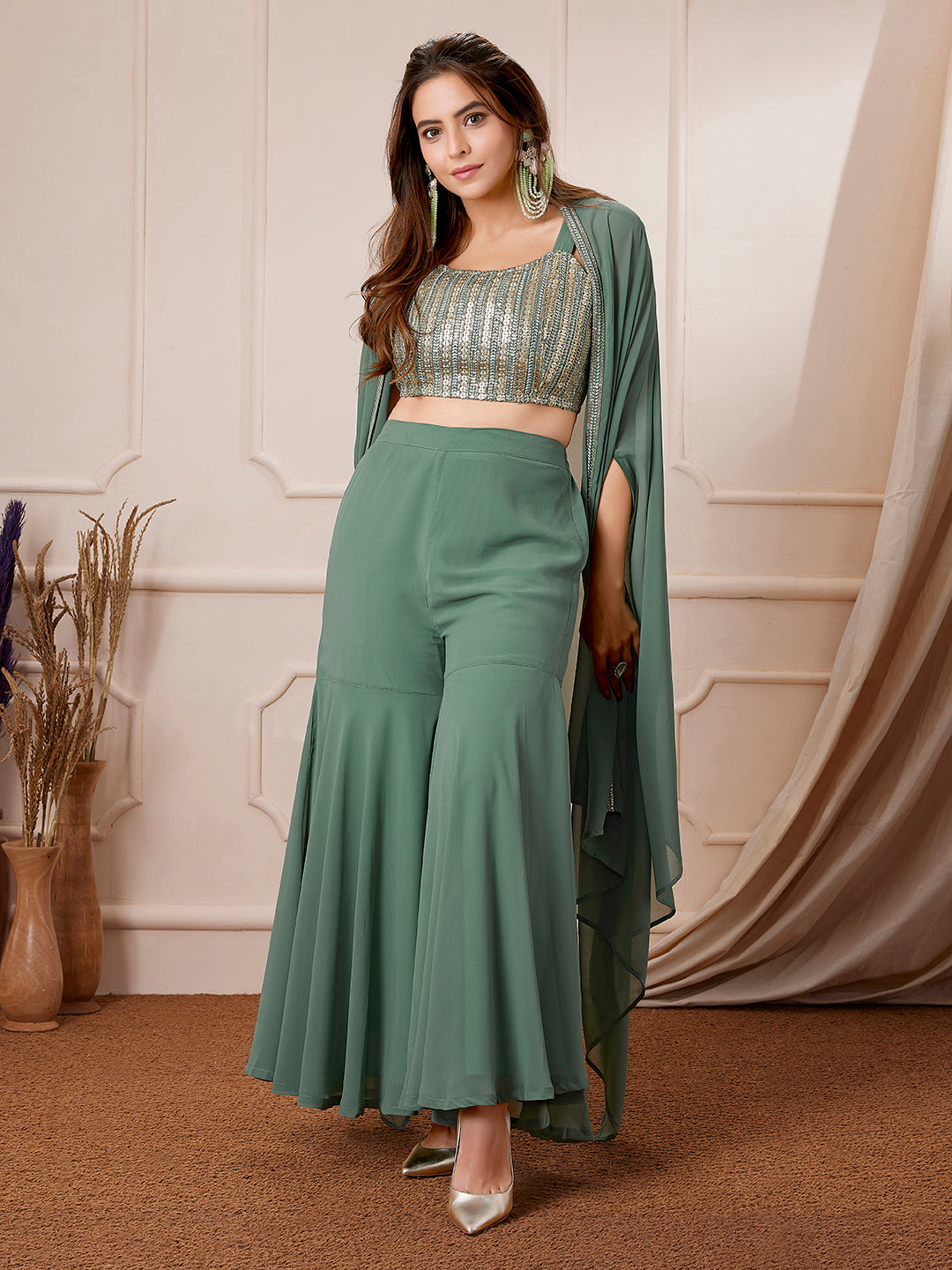 Sage Green Georgette Sequined Crop Top With Sharara & Cape Set