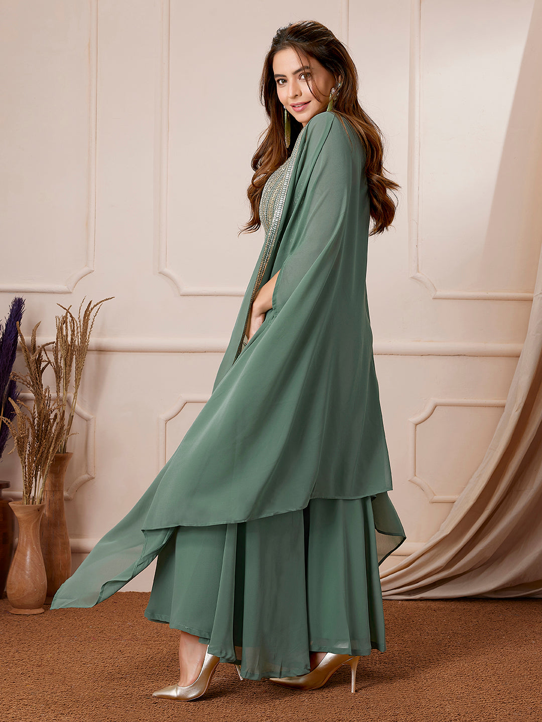 Sage Green Georgette Sequined Crop Top With Sharara & Cape Set