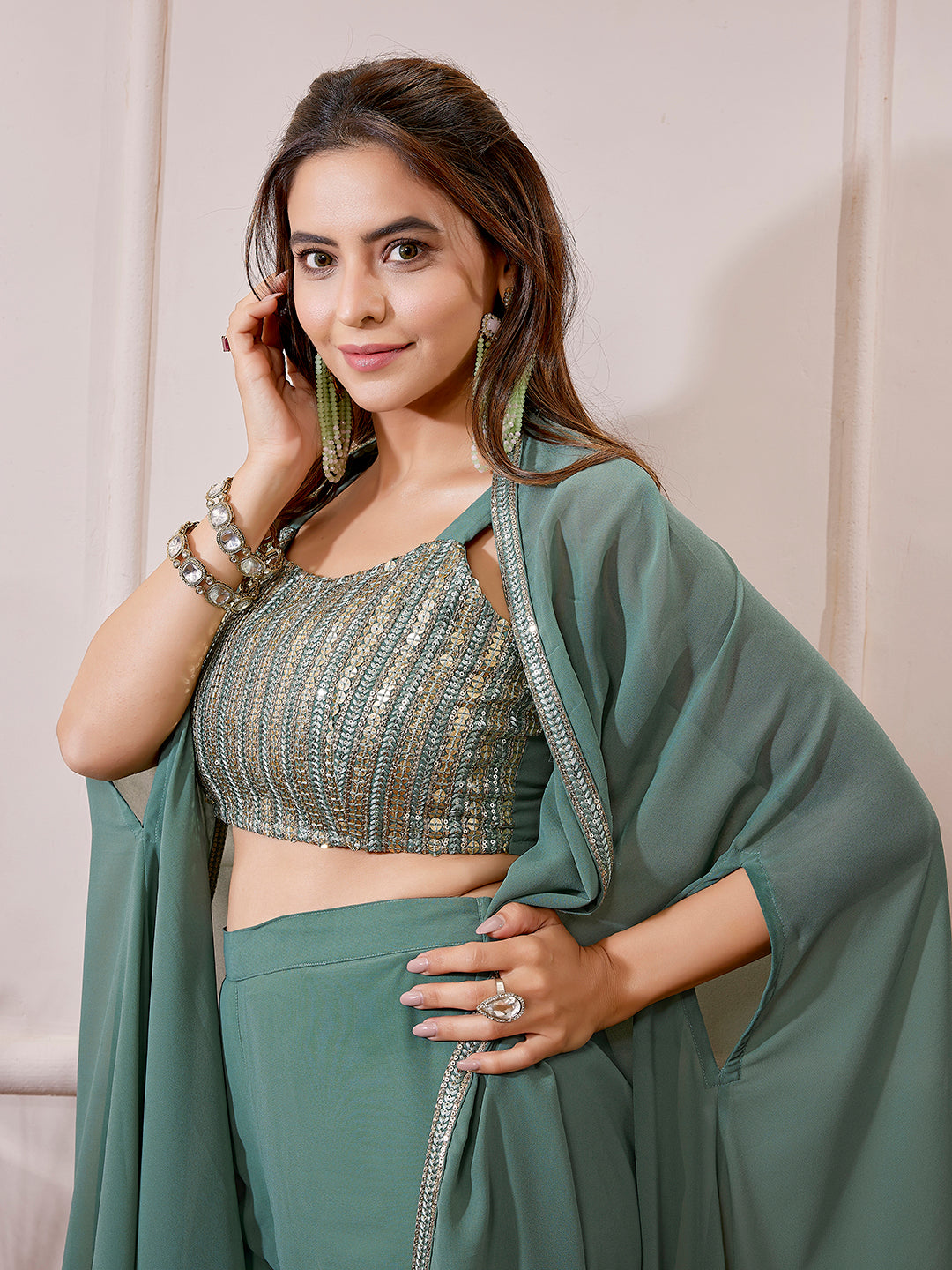 Sage Green Georgette Sequined Crop Top With Sharara & Cape Set