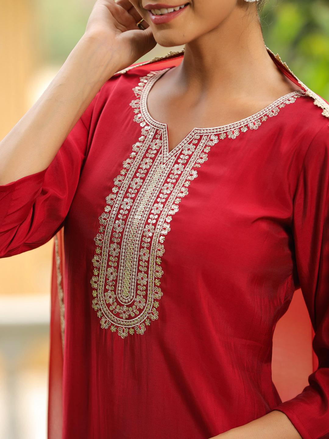 Maroon Silk Blend Yoke Embroidered Straight Kurta Set