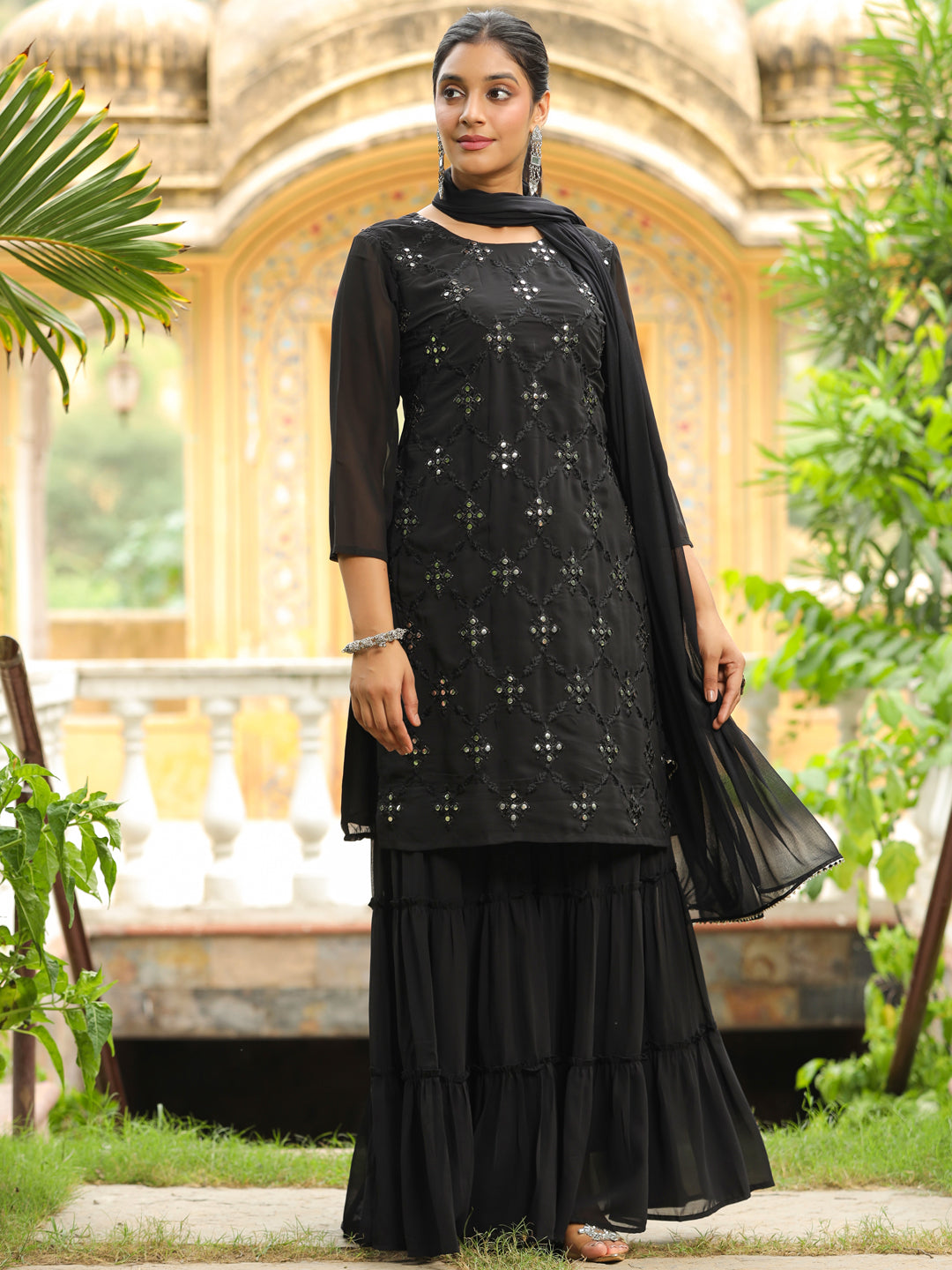 Black Georgette Embroidered Straight Kurta With Sharara Set