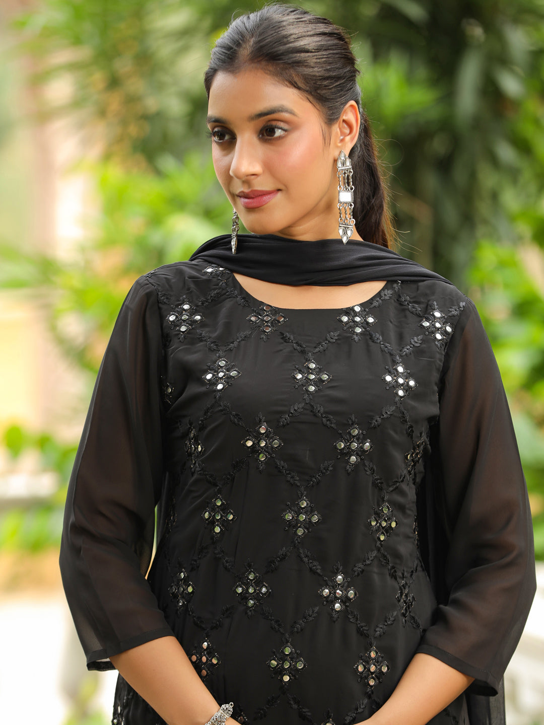 Black Georgette Embroidered Straight Kurta With Sharara Set