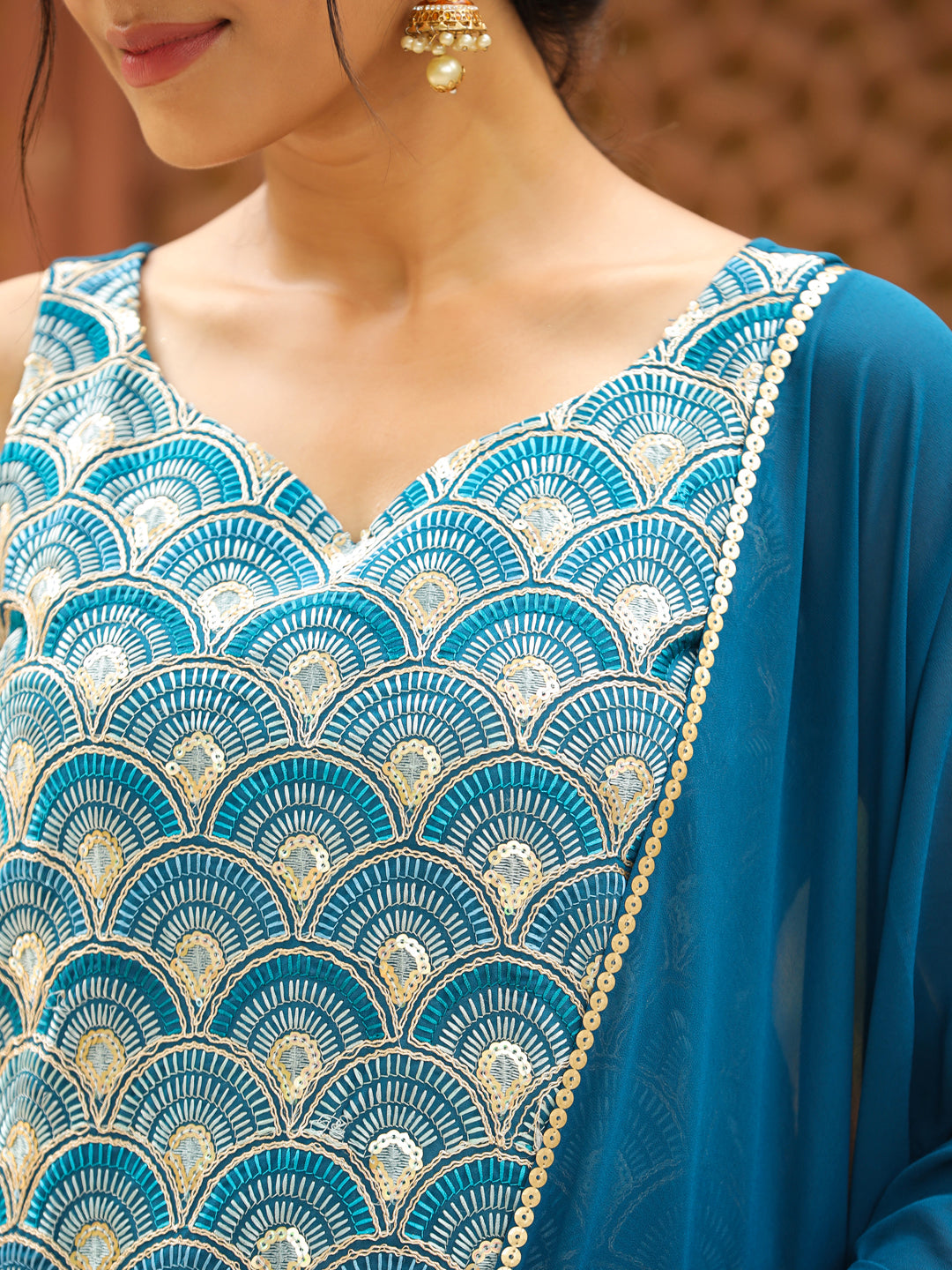 Teal Blue Georgette Embroidered Straight Kurta with Sharara & Dupatta Set