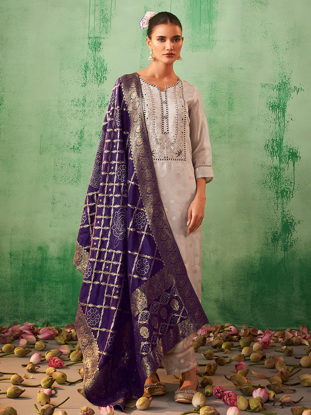 Cream Tissue Silk Jacquard Handwork Straight Kurta Set