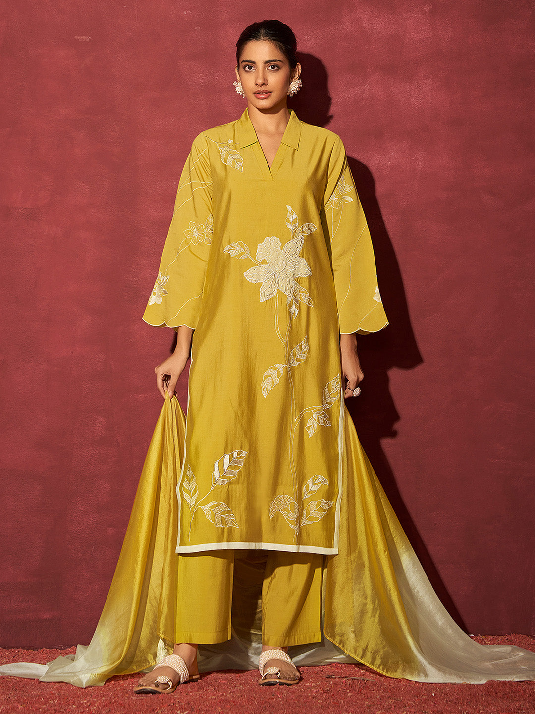 Yellow Chanderi Silk Handwork with Applique Embroidered Straight Kurta Set