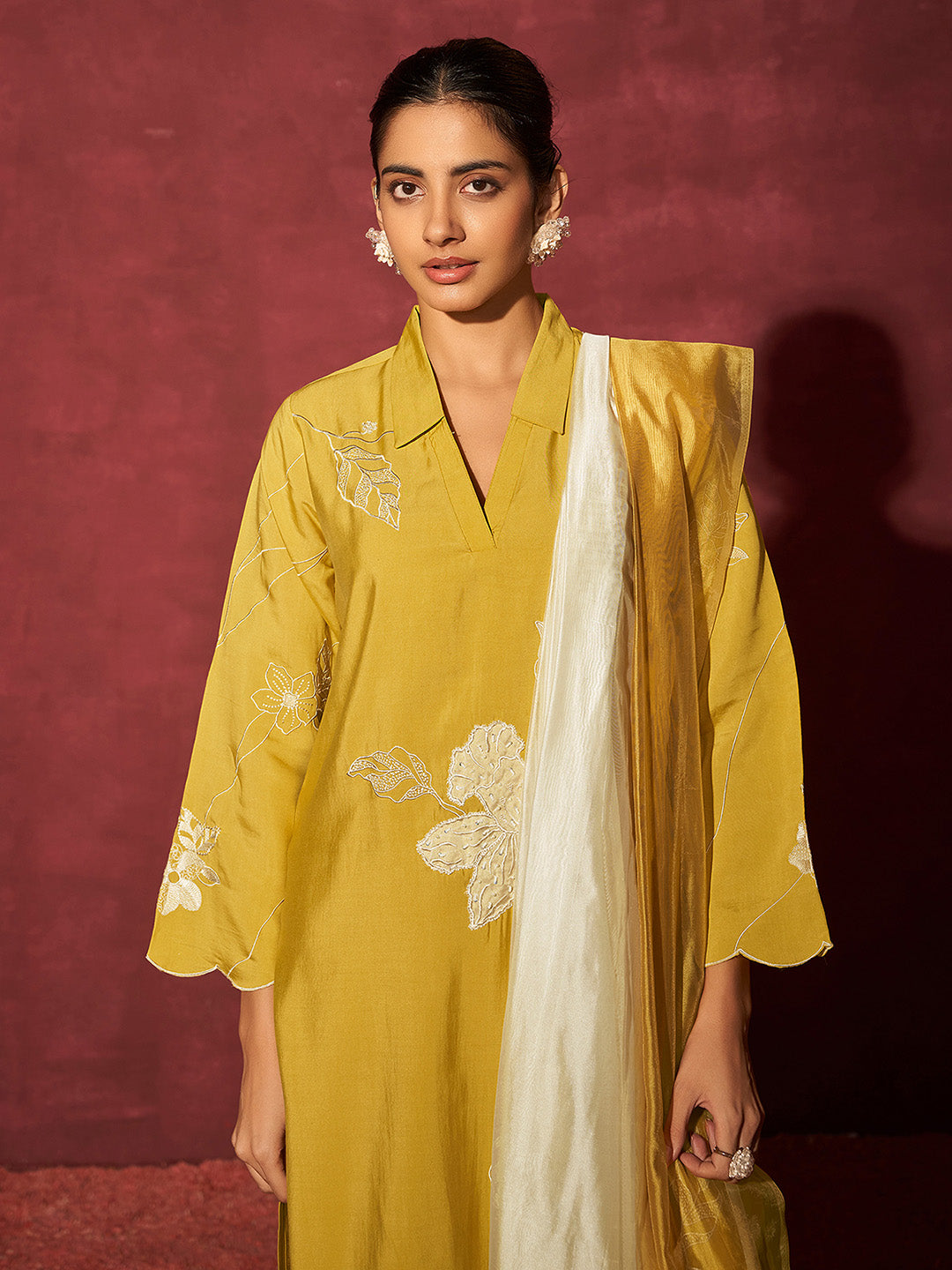 Yellow Chanderi Silk Handwork with Applique Embroidered Straight Kurta Set