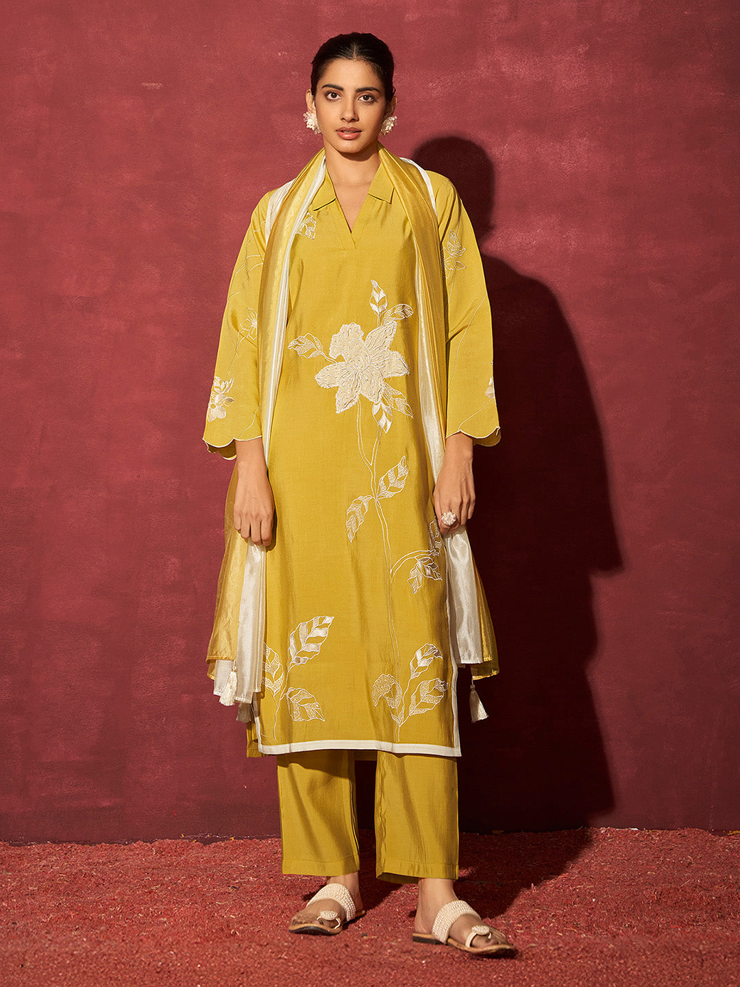 Yellow Chanderi Silk Handwork with Applique Embroidered Straight Kurta Set
