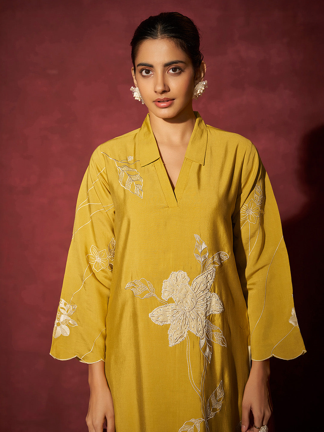 Yellow Chanderi Silk Handwork with Applique Embroidered Straight Kurta Set
