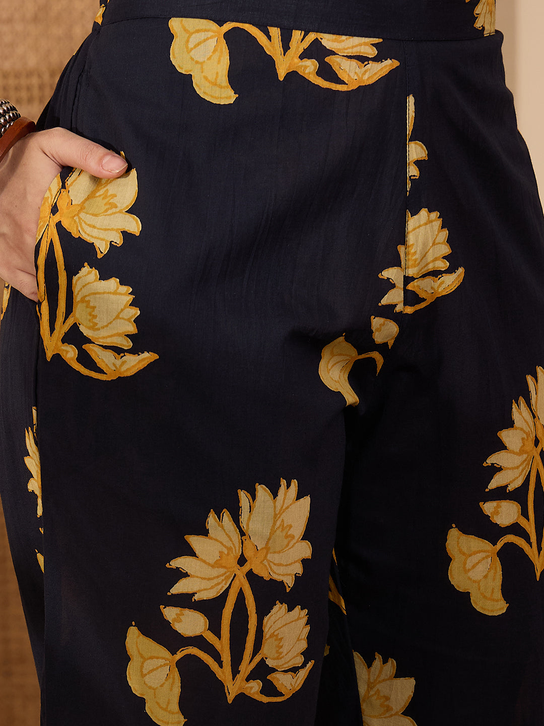 Janasya Women's Navy Blue Pure Cotton Floral Printed Straight Co-ord Set