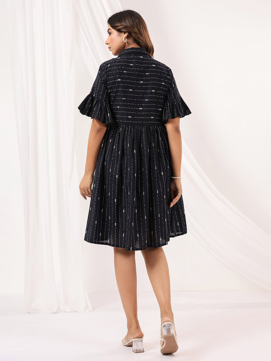 Janasya Women's Black Cotton Abstract Printed A-line Dress