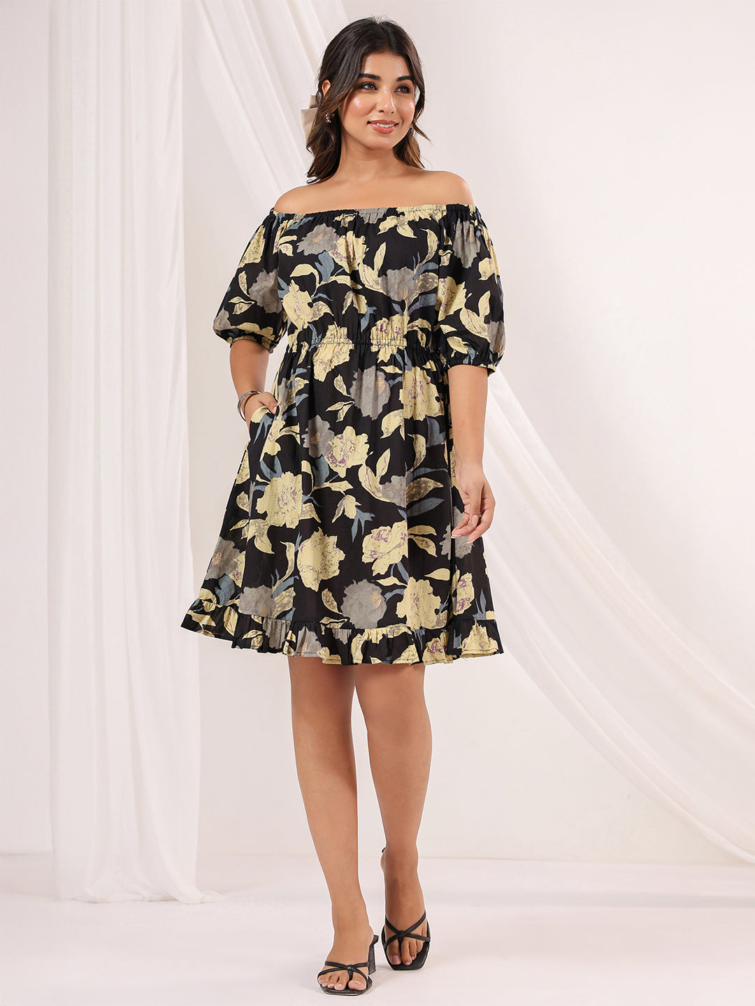 Janasya Women's Black Pure Cotton Floral Printed A-line Dress