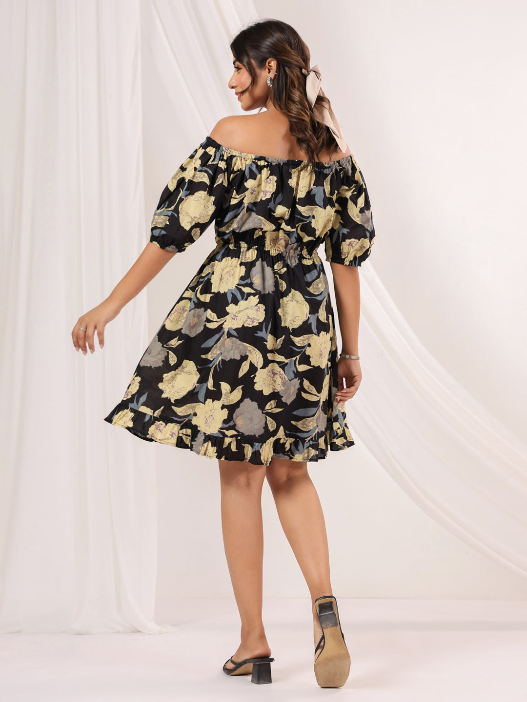 Janasya Women's Black Pure Cotton Floral Printed A-line Dress