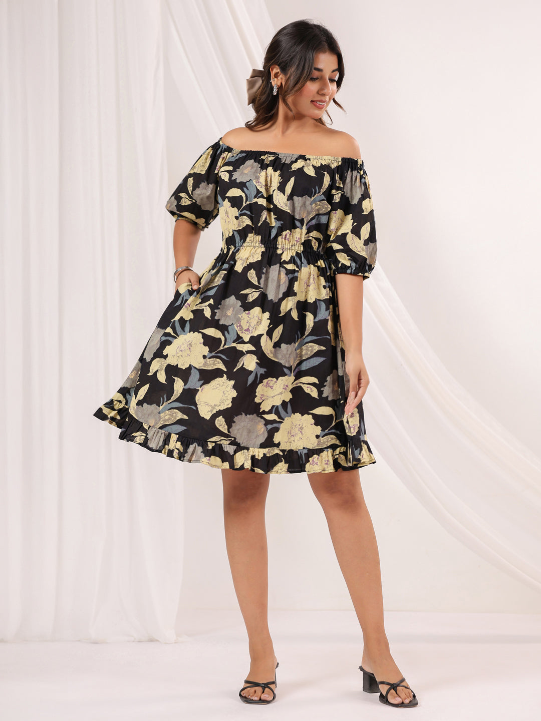 Janasya Women's Black Pure Cotton Floral Printed A-line Dress